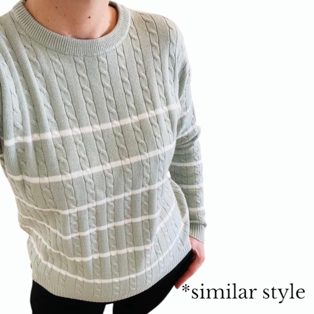 💚🤍 Vintage tabi 100% Cotton Striped Crew Neck Cable Knit Sweater, M
